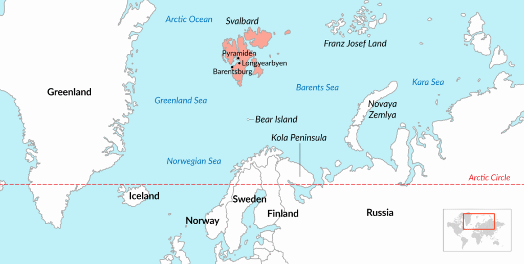 The Norwegian archipelago of Svalbard holds significant strategic importance due to its potential to control access to Russia’s Northern Fleet on the Kola Peninsula, home to its nuclear submarines. Russia maintains two main settlements in Svalbard: Barentsburg, an active mining town, and Pyramiden, a former mining town that has since been abandoned. © GIS