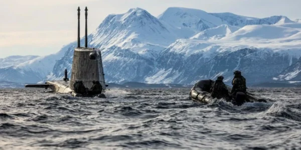 An elite team of British commandos in inflatable raiding crafts was training together with a nuclear-powered Asute class submarine in Lyngen, northern Norway during the large-scale NATO exercise Cold Response in 2022. Photo: Royal Navy
