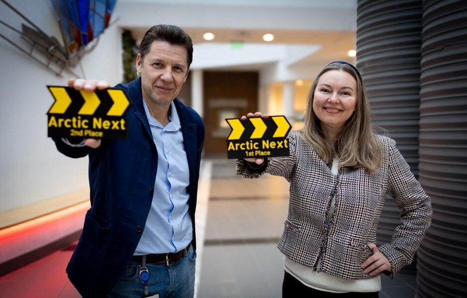 Advisor Andrey Kazakov and researcher Elena Sæther from the High North Center show off the trophy from the Arctic Next Innovation Challenge. The student competition was held for the first time this autumn and is being continued in the ArcticNext project. (Photo: Markus J. Thonhaugen/High North Center)
