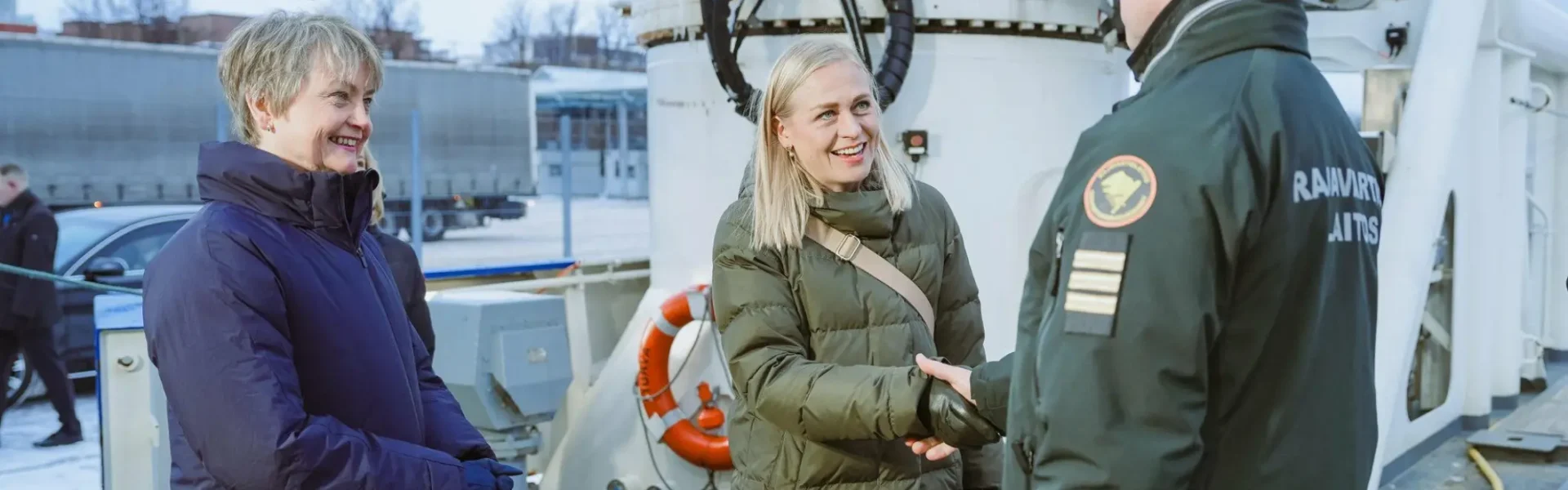 UK Foreign Secretary Yvette Cooper (left) and Finnish Foreign Minister Elina Valtonen were welcomed on board the Border Guard patrol vessel Turva in the harbour of Helsinki where they got a briefing about the security situation in the Baltic Sea. Photo: UK Foreign, Commonwealth & Development Office