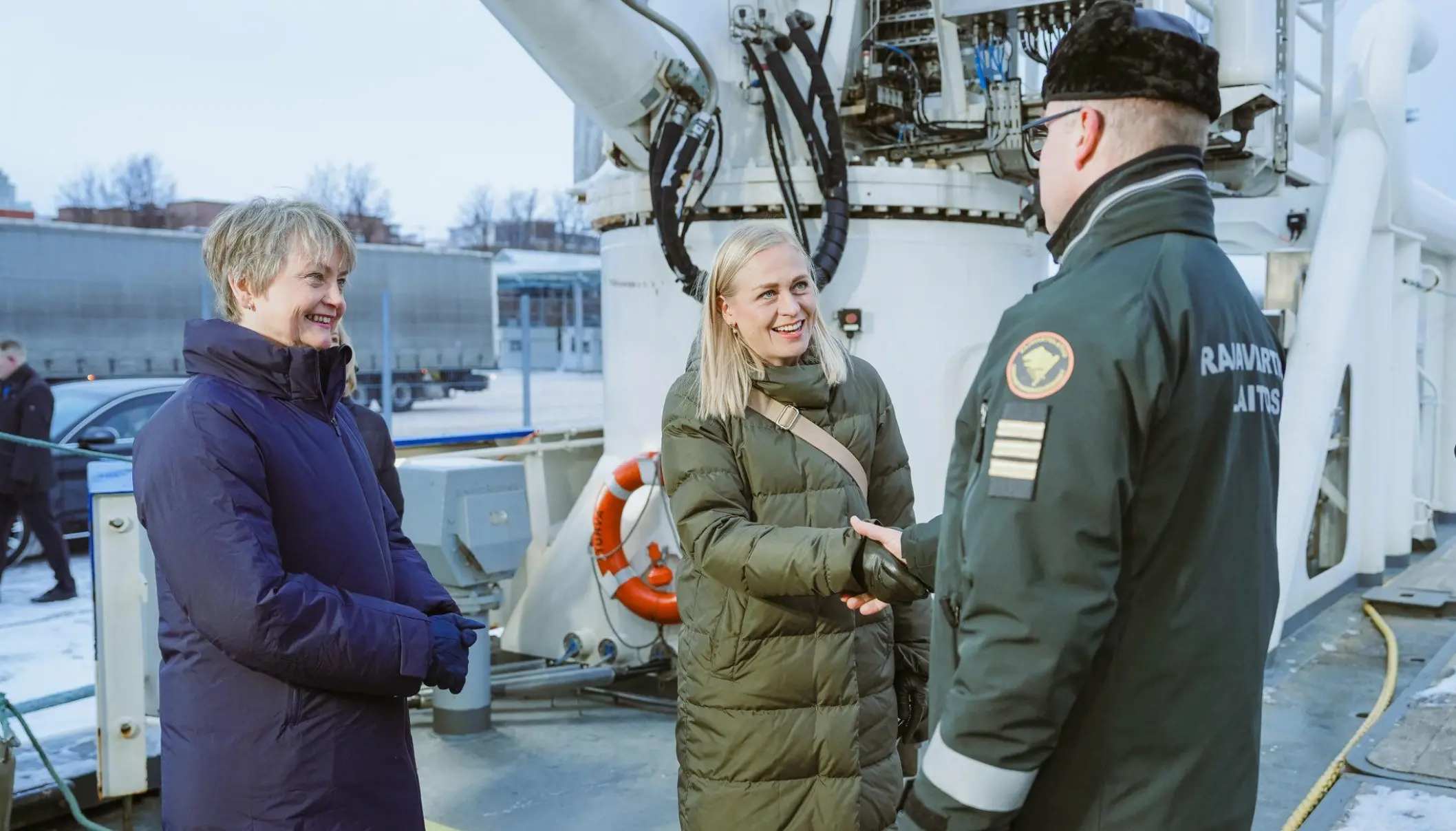 UK Foreign Secretary Yvette Cooper (left) and Finnish Foreign Minister Elina Valtonen were welcomed on board the Border Guard patrol vessel Turva in the harbour of Helsinki where they got a briefing about the security situation in the Baltic Sea. Photo: UK Foreign, Commonwealth & Development Office