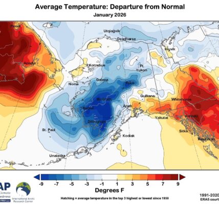 January 2026 average temperature departure (°F) from 1991-2020 baseline. Data from ERA5 courtesy of ECMWF/Copernicus.