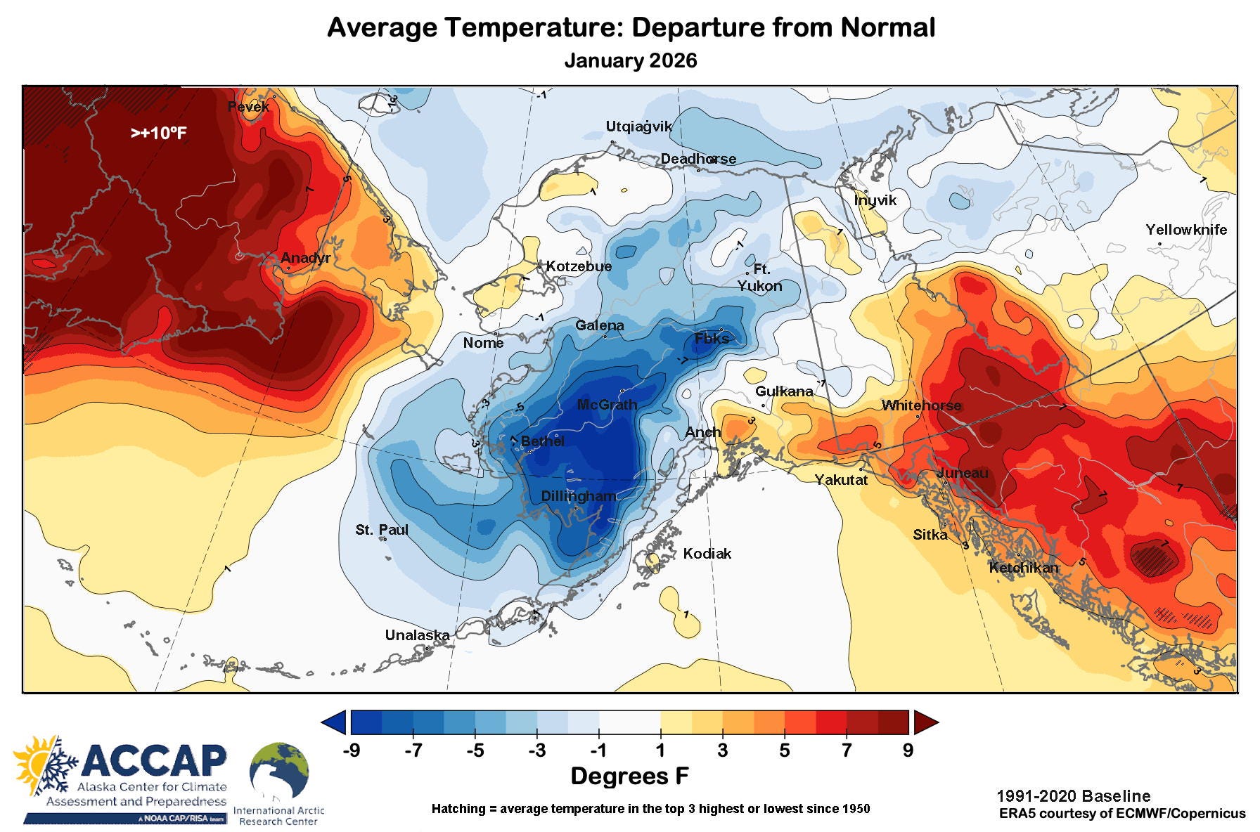 January 2026 average temperature departure (°F) from 1991-2020 baseline. Data from ERA5 courtesy of ECMWF/Copernicus.
