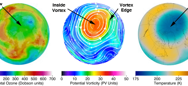 Northern hemisphere total column ozone, potential vorticity on the 460 K potential temperature surface, and temperature on the 50 hPa pressure surface for 22 February 2011. The white lines with arrows on the PV image are streamlines, where the thickness of the streamlines and the size of the arrows indicate the strength of the local flow. (NASA Ozone Watch)