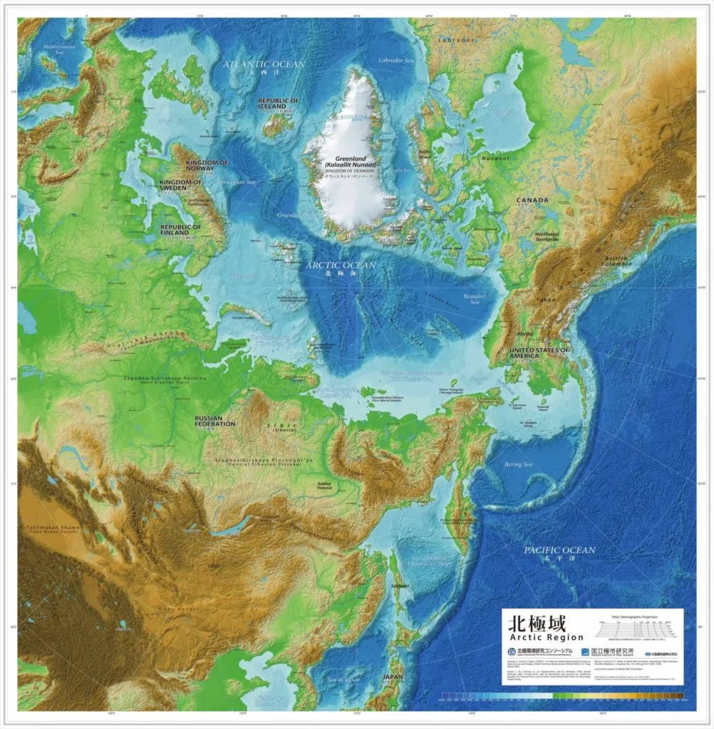 A map of the Arctic illustrating the location and proximity, and therefore the importance, of both Aleutian Islands and Kuril Islands to Arctic maritime discussions. Photo: Japan Consortium for Arctic Environmental Research