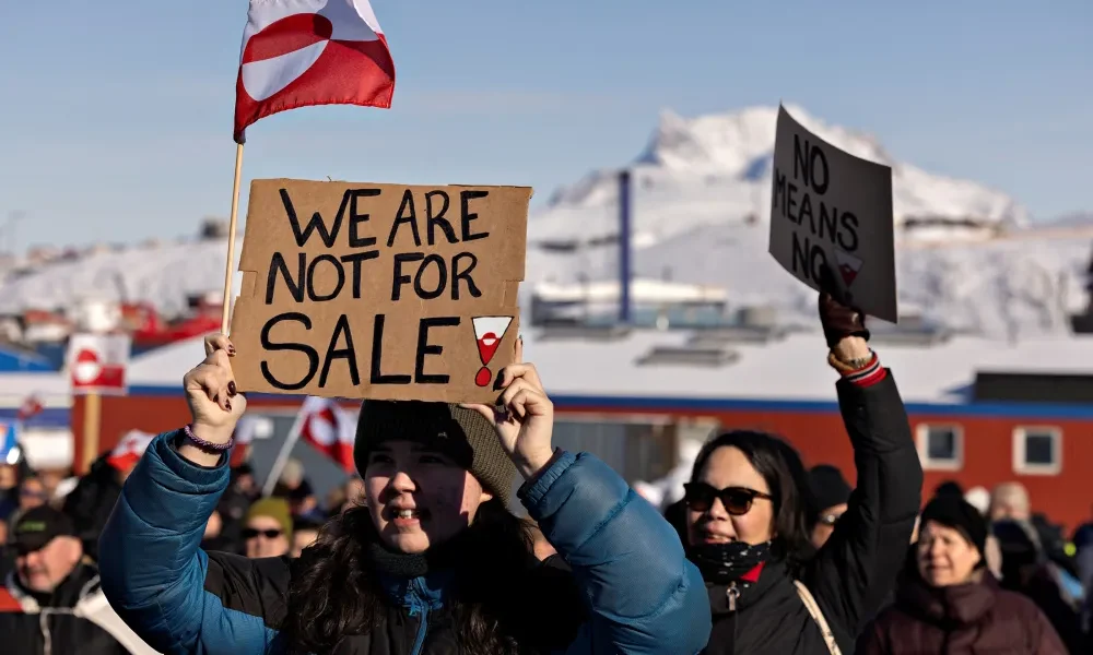 Protesters gather in front of the US consulate in Greenland's capital, Nuuk, under the slogan, "Greenland belongs to the Greenlandic people", on 15 March 2025. Christian Klindt Soelbeck/Ritzau Scanpix via Reuters