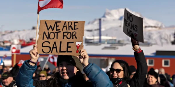 Protesters gather in front of the US consulate in Greenland's capital, Nuuk, under the slogan, "Greenland belongs to the Greenlandic people", on 15 March 2025. Christian Klindt Soelbeck/Ritzau Scanpix via Reuters