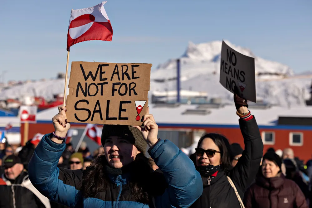 Protesters gather in front of the US consulate in Greenland's capital, Nuuk, under the slogan, "Greenland belongs to the Greenlandic people", on 15 March 2025. Christian Klindt Soelbeck/Ritzau Scanpix via Reuters